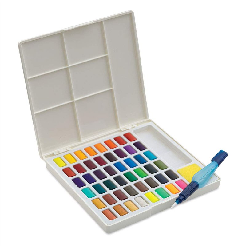 FABER-CASTELL 169748 Étui de 48 aquarelles en godet, avec palette de mélange et pinceau réservoir d'eau