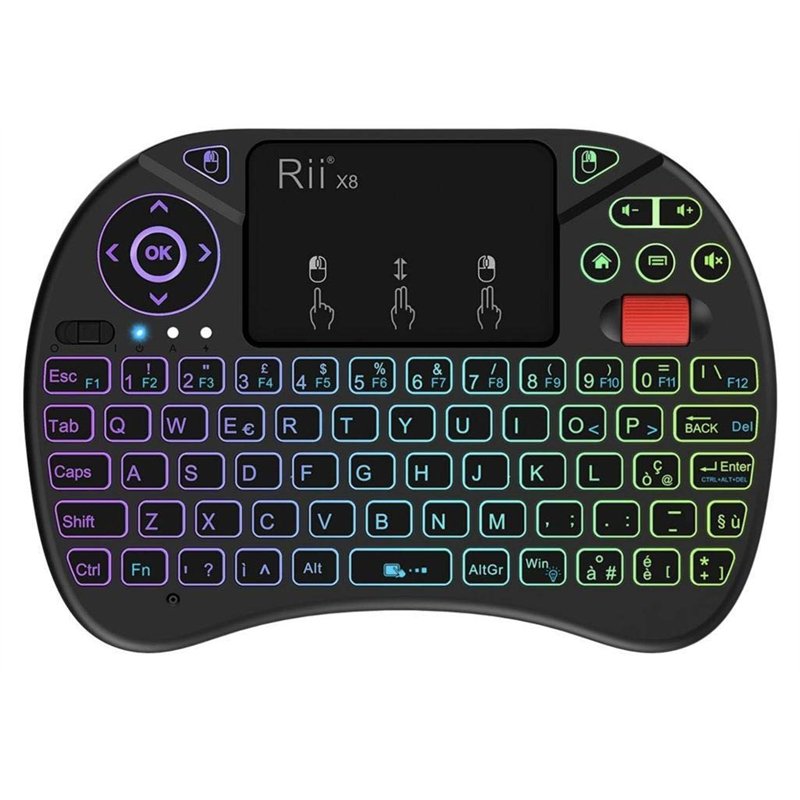 Rii Mini X8 (disposition italienne) Clavier sans fil rétroéclairé (7 couleurs) avec pavé tactile et mollette pour Smart TV, TV B