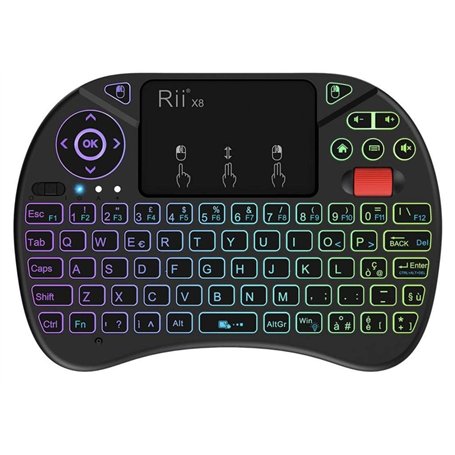 Rii Mini X8 (disposition italienne) Clavier sans fil rétroéclairé (7 couleurs) avec pavé tactile et mollette pour Smart TV