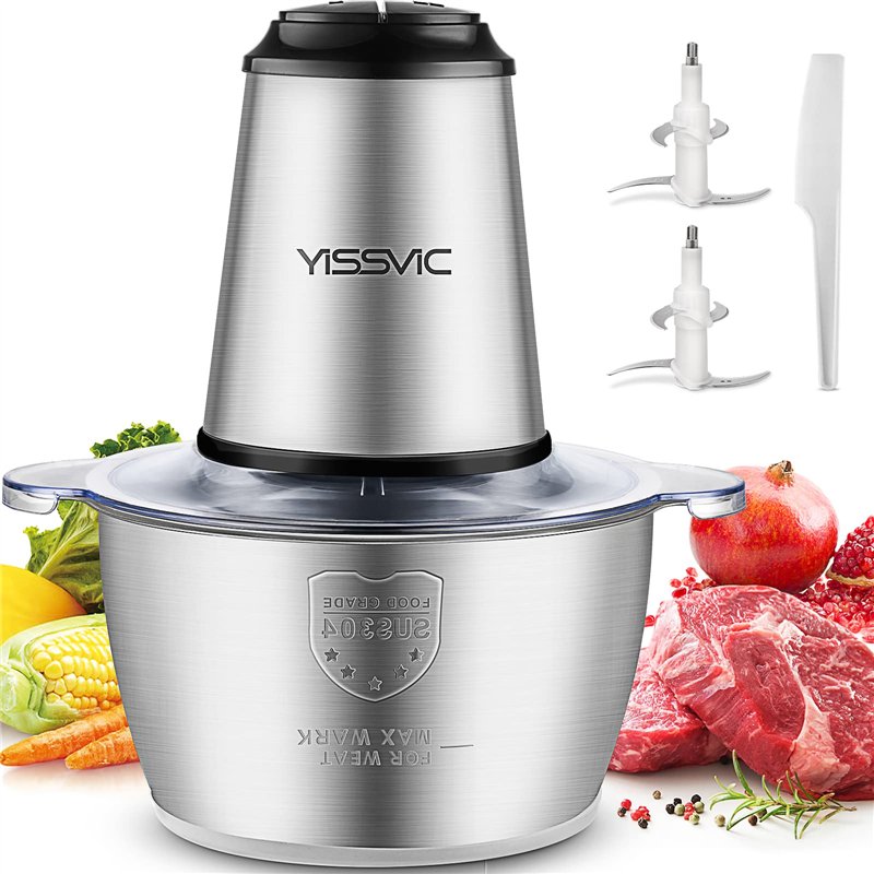 YISSVIC Hachoir de cuisine électrique 2 L, 2 x 4 lames 500 W hachoir électrique mixeur multifonction avec bol en acier inoxydabl