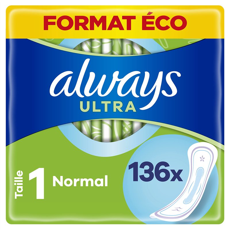 Always Ultra Serviettes Hygiéniques, Taille 1, Normal, 136 Serviettes Sans Ailettes, Flux légers Jour, Format Eco, Max Confort