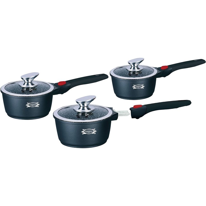 HAUSSMANN heritage- Série de 3 Casseroles 16/18/20 cm Manche Amovible - Fonte d'Aluminium - Revêtement type pierre - Tous feux d