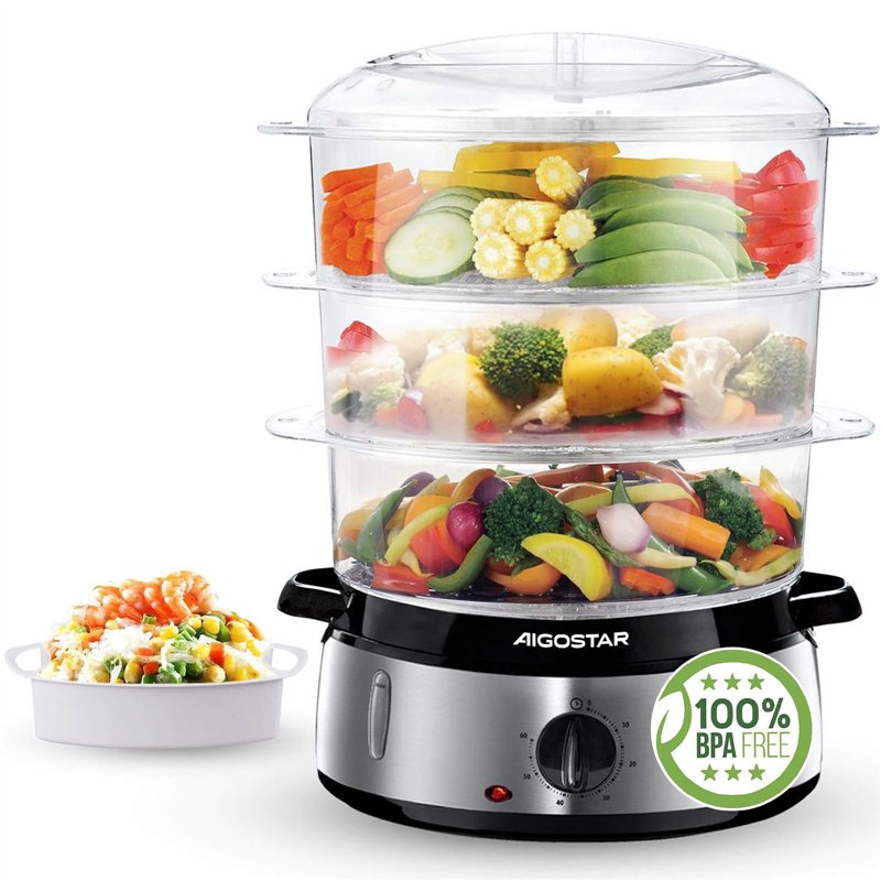 Aigostar Fitfoodie Steel 30INA - Cuiseur vapeur électrique 0% BPA. Puissance de 800W, minuterie, 3 niveaux indépendants de cuisson