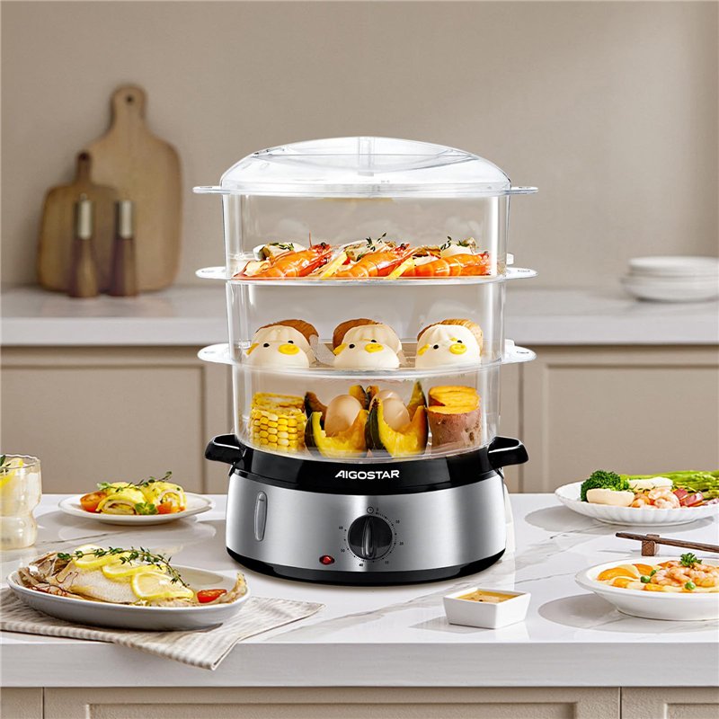 Image secondaire de Aigostar Fitfoodie Steel 30INA - Cuiseur vapeur électrique 0% BPA. Puissance de 800W, minuterie, 3 niveaux indépendants de cuisson