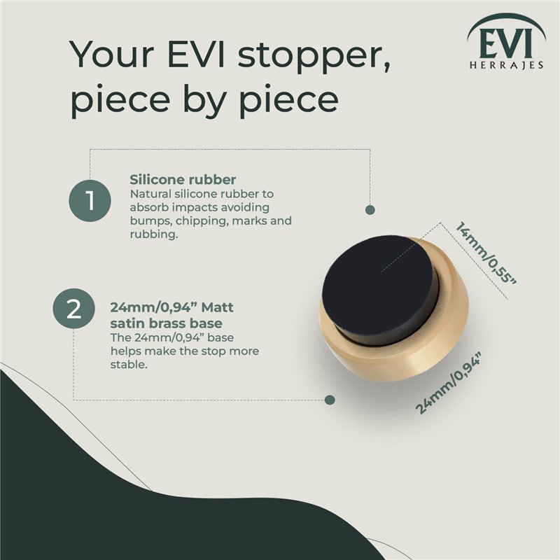 Image secondaire de EVI Herrajes | Butée De Porte Adhésive Pour Mur/PoignéE | 24 x 14 mm | Caoutchouc Noir | Laiton Mat | Outils, Vis + Cheville De 