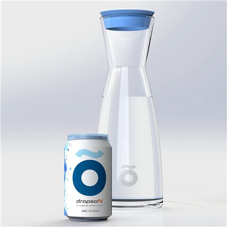 dropson - Carafe avec filtre - Modèle CrystalDrink - Pichet à eau en verre 1L avec couvercle bleu + filtre à eau pour robinet