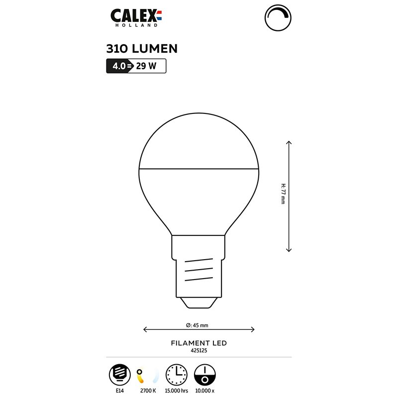 Image secondaire de CALEX LED plein verre Miroir de tête Filament Lampe à billes 220-240V 4W 310lm E14 P45, Chrome 2700K CRI80 Dimmable
