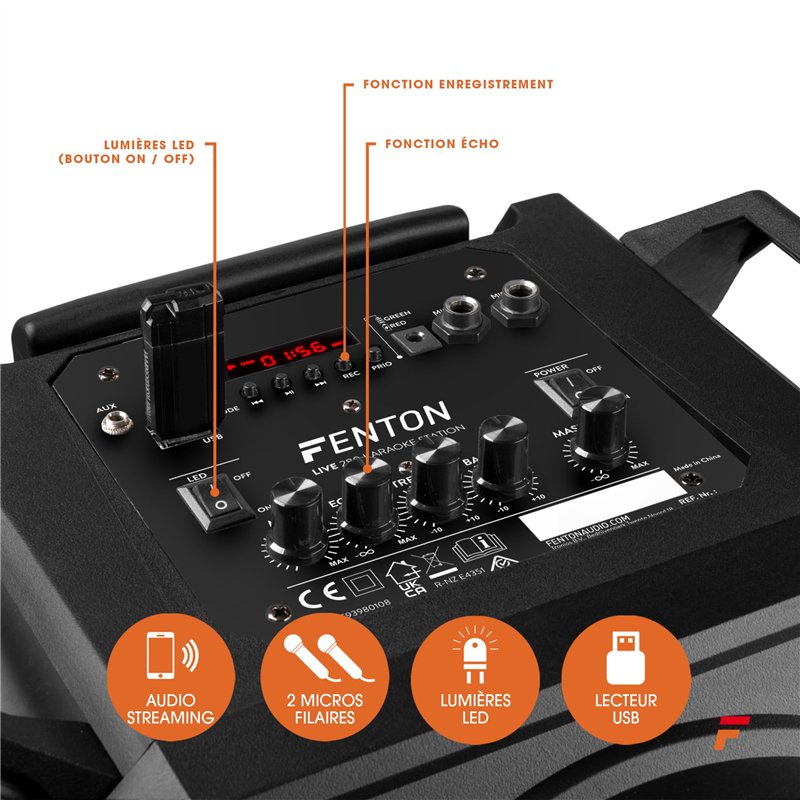 Image secondaire de Fenton LIVE280 Enceinte Karaoke LED 2X 8”, 900W Max, 2 Microphones, Trolley et roulettes, Eclairage LED en Façade on/Off, USB et