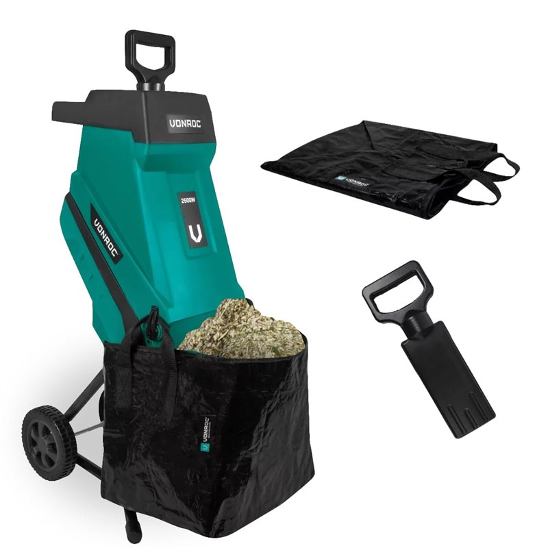 VONROC Broyeur de végétaux 2500W – Pour branches jusqu’à Ø45mm - Bac de ramassage de 45L et poussoir inclus - Fonction de sécuri