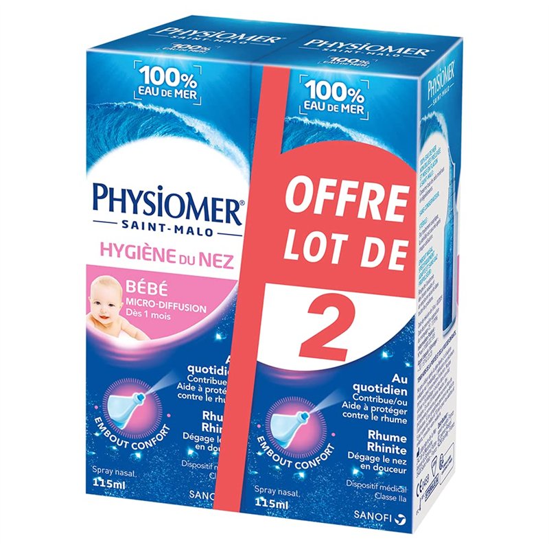 Physiomer Bébé Micro-diffusion - Hygiène du nez -Dispositif médical- Spray nasal 100% eau de mer à partir de 1 mois - 115 mL lo