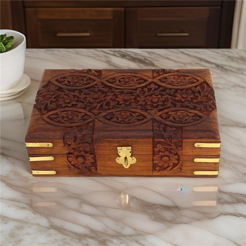 Image secondaire de Ajuny Boîte à Bijoux Décorative en Bois Fabriquée à la Main Motif de Sculpture Florale Coffre au Trésor Polyvalent Organisateur 