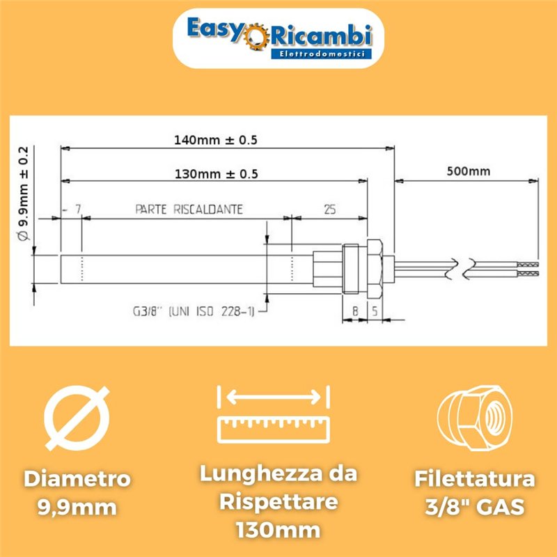 Image secondaire de Résistance Bougies Allumage pour poêle à pellets 270 W 140 mm (+/- 2 mm) 130 mm ; diamentro 9,9 mm ; filetage 3/8. Pour AMG Rave