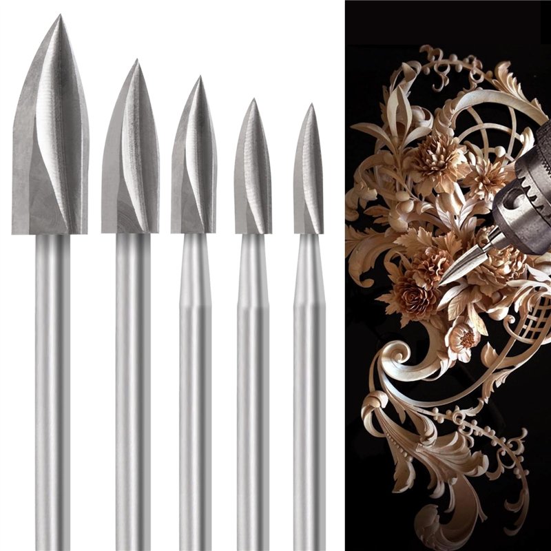 Sculpture sur Bois Jeu de Mèches pour Outil Rotatif, 5 pièces Mèches de Sculpture sur Bois avec Tige de 1/8 pouces pour Bricolage