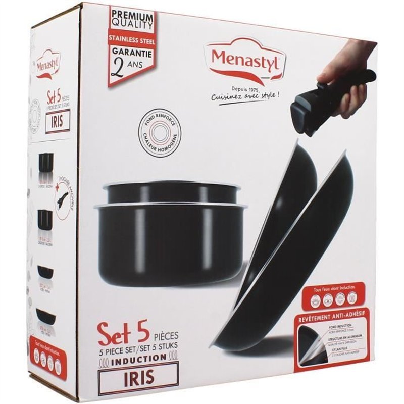 Image secondaire de Batterie de cuisine - Induction - MENASTYL - 6020437 - Aluminium antiadhésif - 5 pieces - Poignée amovible - Noir