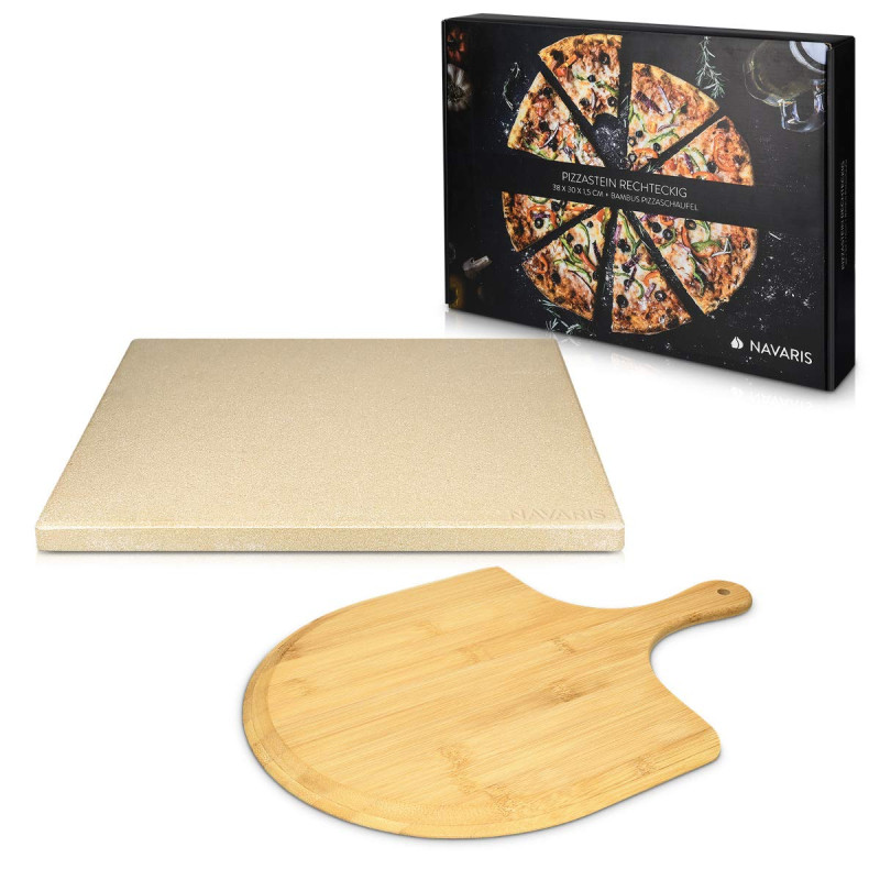 Navaris Pierre à Pizza avec Pelle - Kit Pierre Pizza Rectangulaire XL 38x30cm et Pelle en Bambou - Four Traditionnel Bois Barbec