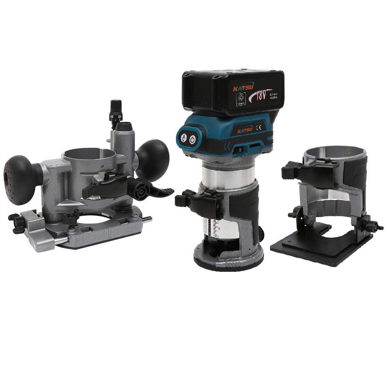 KATSU Ensemble d'Affleureuse à Bois Défonceuse sans Fil 18V avec 3 Bases + 3 Pinces de 6 mm, 8 mm et 10 mm + Batterie 4,0 Ah et