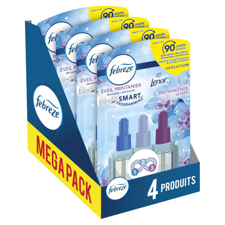 Febreze 3Volution Recharges Eveil Printanier pour Diffuseur Électrique, 4 x 20ml, Désodorisant Maison avec Programmation Intelli