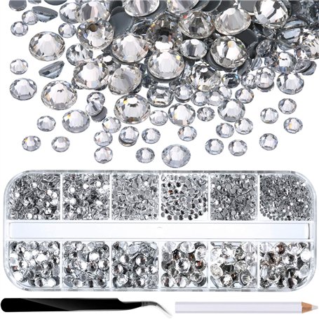 2000 Pièces Hot Fix Strass en Verre Plat Hotfix Gemmes de Cristal Rond 1.5-6 mm (SS4-Ss30) dans la Boîte de Stockage avec Pince