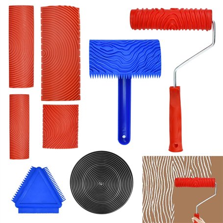 SLTAXAR 8 Pcs Outil de Grain de Bois en Caoutchoucpeigne en Caoutchouc Décor Faux Bois Grain à Effet Bois Rouleau Peinture Effet