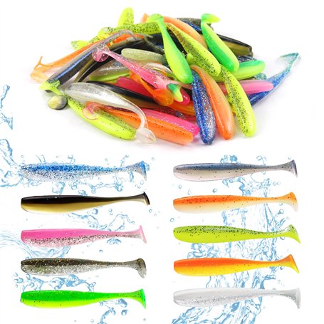 ELEpl 50 Pieces 7.5cm Leurre Peche Réutilisable avec 1 Boîte en Plastique Leurre Souple Accessoires de Pêche pour Leurre Souple