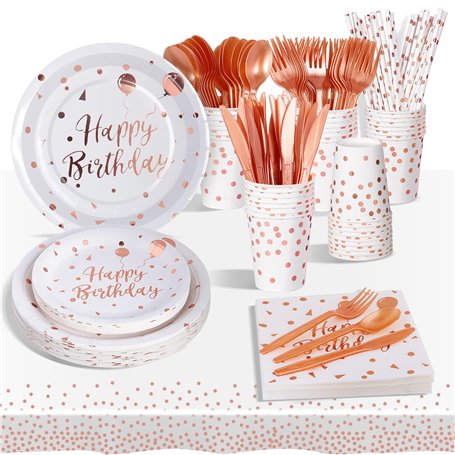 AIPartywar Lot de 193 assiettes de fête pour anniversaire d'enfant - Rose sur blanc - Avec gobelets