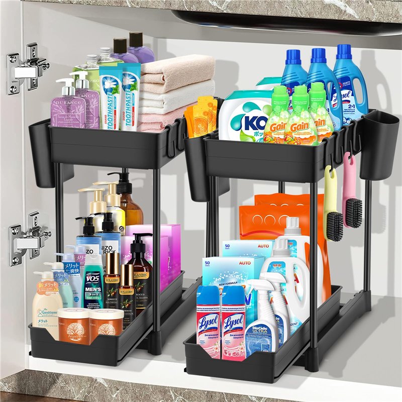 Organisateur Sous Évier Double Tiroir Coulissant - Rangement Extensible Cuisine Salle De Bain, 2 Étages