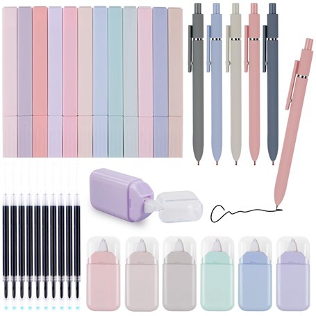 WIYETY Lot de 33 surligneurs pastel : 12 marqueurs esthétiques 5 stylos gel à encre noire avec 10 mines de rechange incluses et