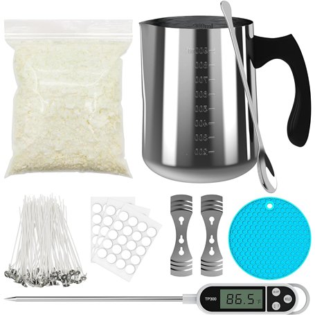 NOPWOK Kit de fabrication de bougies - Soy Wax DIY - Adulte - Pot de 900 ml - Bougies autocollantes - Support de mèche - Thermom