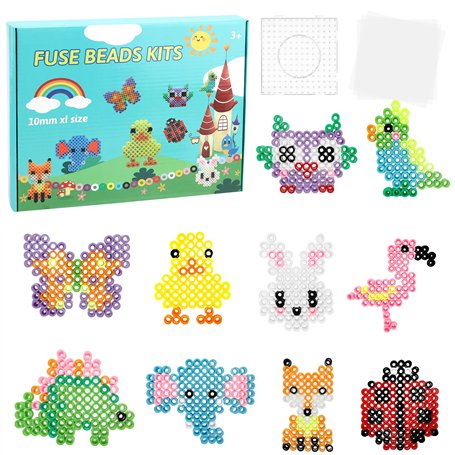 Lot de 1000 grandes perles à repasser de 10 mm XL avec plaque enfichable 10 couleur multicolores et 10 motifs d'animaux Kit créa