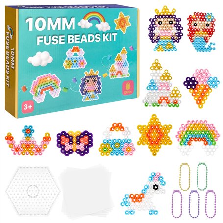 LUZIYUN Lot de 1000 Perles à Repasser 10mm Motifs Princesse et Château 10 Couleurs Vives avec Plaque Enfichable et Papier à Repa