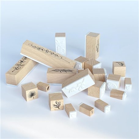 Zzcy 22 Pièces Tampon Bois Fleur Plante Jeu de Tampons Bois Tampon en Boîte de Plante Naturelle Fleur pour Scrapbooking,Bricolag