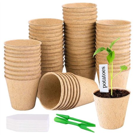 50 Pièces Pot Semis Biodégradable 8cm Bassin de Greffe en Fibresrond Pots de Semis Pots de Plantes avec 50 Étiquettes de Plantes