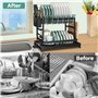 TAVADA Egoutoire Vaisselle Cuisine Noir à 2 Niveaux en INOX,Porte-ustensiles et bac d'égouttement,Séchoir à Vaisselle avec Porte
