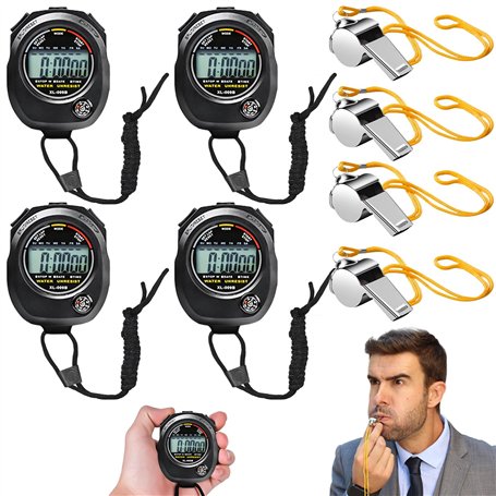 Pack de 4 chronomètres Sportifs numériques: chronomètre numérique avec sifflet en Acier Inoxydable