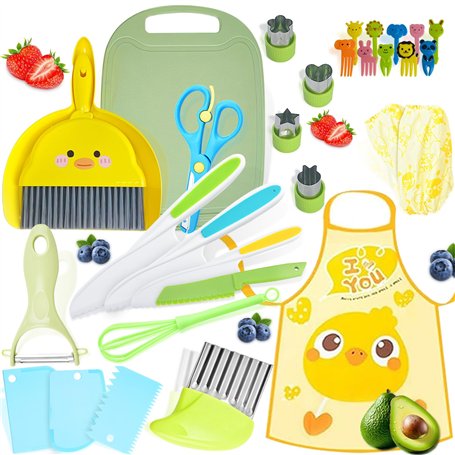 Mauepersu Kit Couteau de Cuisine pour Enfants - 31 Pièces Avec Couteau Ondulé et Planche à Découper - Sécurité Montessori pour C