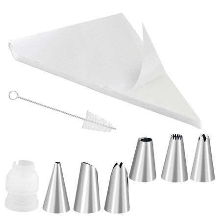 Lot de 100 poches à douille + 6 douilles + 1 coupleur à gâteau pour douilles + 1 brosse de nettoyage - Grande poche à douille pr