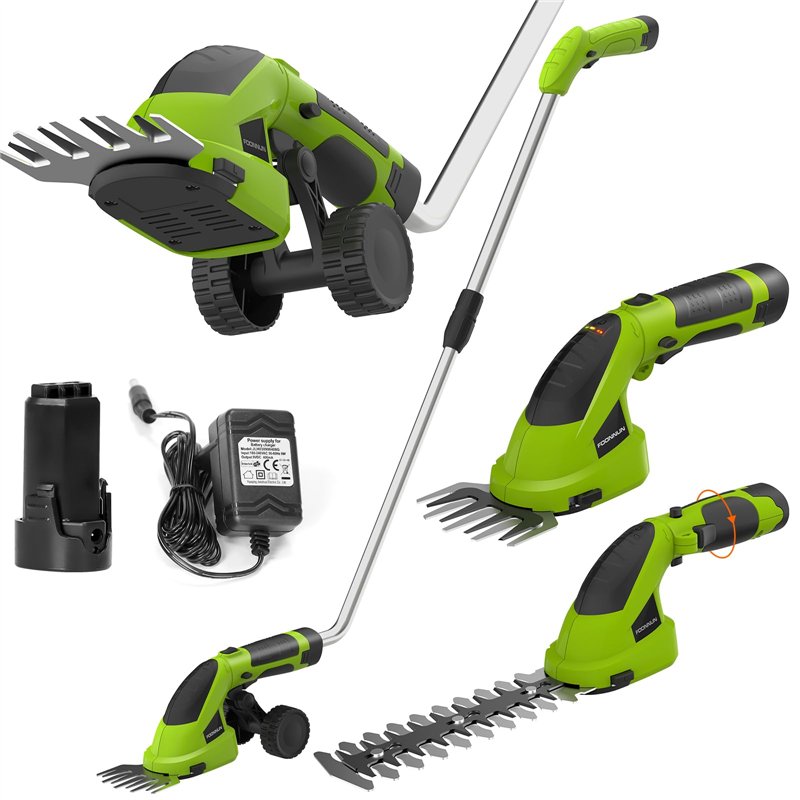 FOONNUN Taille-Haie & Cisaille à Gazon 2-en-1 Sans Fil 7,2V – Tige Télescopique, Poignée 180° Rotative, Batterie 2000mAh USB-C, Lames 17cm & 9,3cm