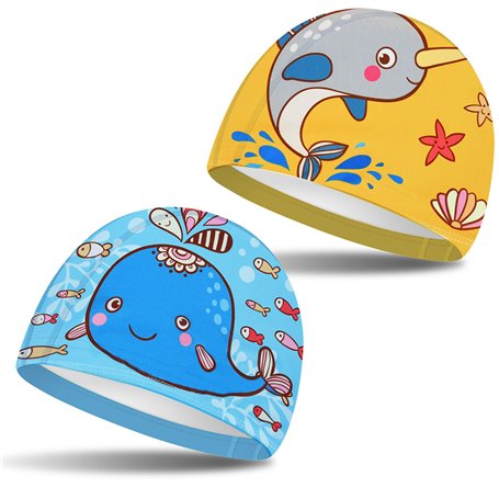 2 Pcs Bonnets de Bain Mignons Enfants Bonnets de Natation de Compétition Dessin Animé Bonnet de Bain en Polyester Élastique Bonn