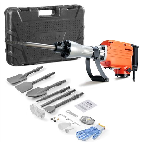 VEVOR Marteau de Démolition 2200 W Marteau-Piqueur 66 J 1350 BPM Marteau Perforateur avec 6 Burins Remplaçables Poignée Rotative