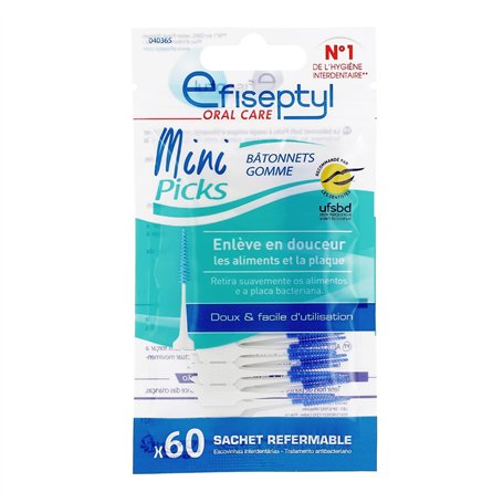 Efiseptyl - 60 Mini Picks - Bâtonnets Gomme - Doux et Facile d'Utilisation - Sachet Refermable