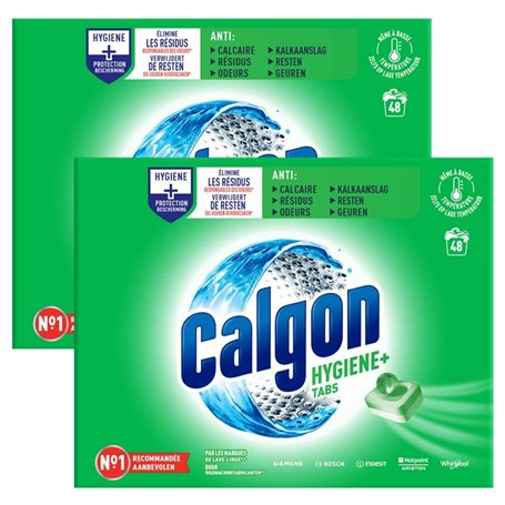 CALGON Lot de 2 boîtes de 48 Tablettes Anticalcaire Hygiene Plus pour le Lave-Linge