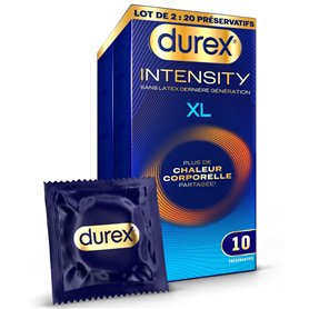 Durex Intensity - 20 preservatifs Homme XL Sans Latex Ultra Fins Ultra Lubrifiés - Plus de Chaleur Corporelle Partagée* - Taille Durex Intensity - 20 preservatifs Homme XL Sans Latex Ultra Fins Ultra Lubrifiés - Plus de Chaleur Corporelle Partagée* - Taille