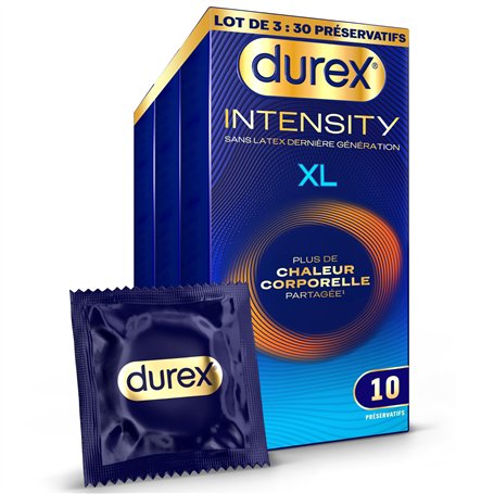 Durex Intensity - 30 preservatifs XL homme Sans Latex Ultra Fins Ultra Lubrifiés - Plus de Chaleur Corporelle Partagée* - Taille