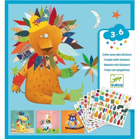 DJECO Kit Création Stickers Animaux - Enfants 3 à 6 Ans - Habillez les Animaux Loisirs Créatifs - Contient 16 Feuilles Animaux &
