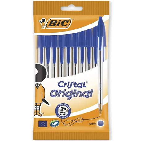 Bic Cristal Original Lot de 8 Stylos à bille sans bavure pointe moyenne Idéal pour le bureau et l'école Encre bleue Cristal Orig