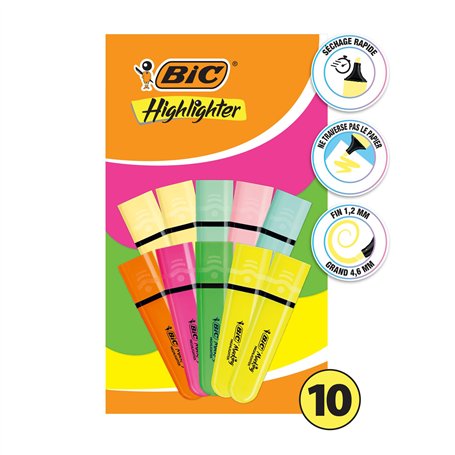 BIC Marking Surligneurs à pointe biseautée et Longue Durée pour Usage Scolaire et Professionnel (1.2 mm-4.6 mm) - Couleurs Assor