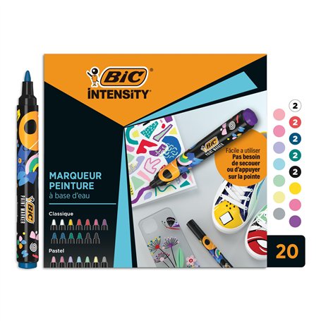 BIC Intensity Paint Lot de 20 marqueurs peinture à pointe moyenne - Marqueur Peinture à base d’eau - Feutre acrylique - Surfaces