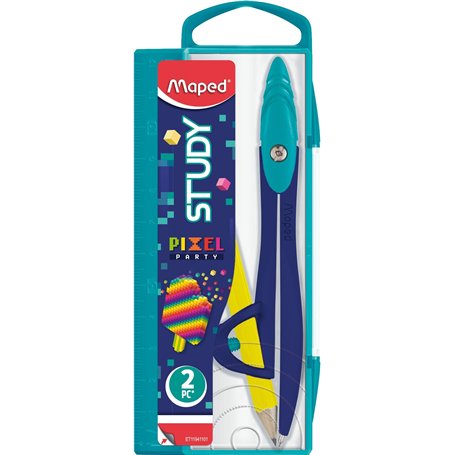 Maped - Compas Study Pixel Party - Chape Ergonomique - Bague Universelle - Branches en Métal - À Partir de 6 Ans