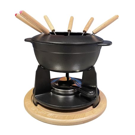 BAUMALU - Service à Fondue - Caquelon en Fonte - Couvercle Anti-Éclaboussures - Réchaud - Brûleur à Pâte - 6 Fourchettes - Plate