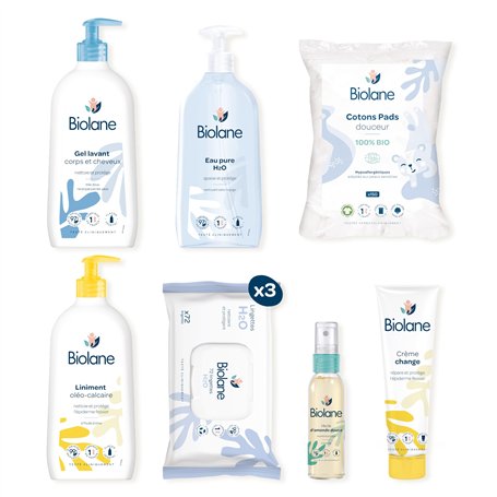 BIOLANE - Kit Naissance Premiers jours - Bébé - 216 Lingettes - Eau pure - Gel Lavant - Liniment - Crème change - Coffret Bébé -